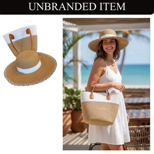 Tan & White w/Black Detailing Adjustable Wicker Hat & Matching Tote, NWOT
